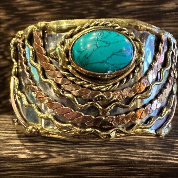 Turquoise Stone Cuff Bracelet - Handcrafted Adjustable Design in Mixed Metals, - Picture 1 of 15